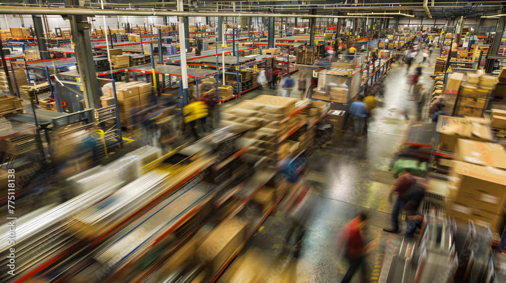 Busy Warehouse with Workers Managing Inventory motion blur , busy workflow of hardware store emplyess group of worker in large

