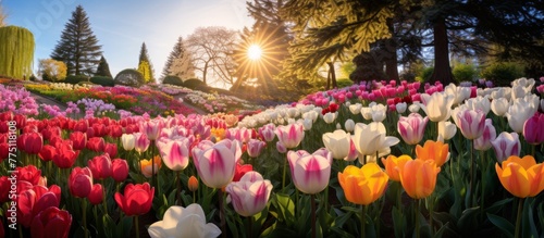 Vivid tulips basking in the warm glow of the setting sun, creating a beautiful and colorful landscape