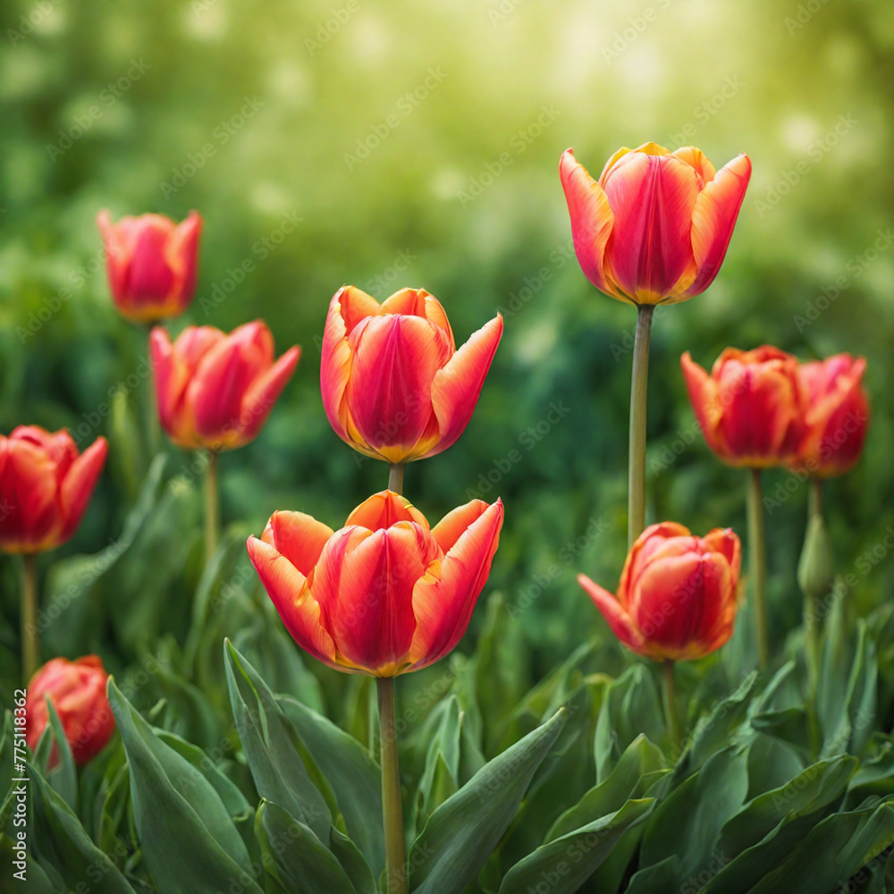 Natural Spring Tulip Flower With Dreamy Green Foliage Background