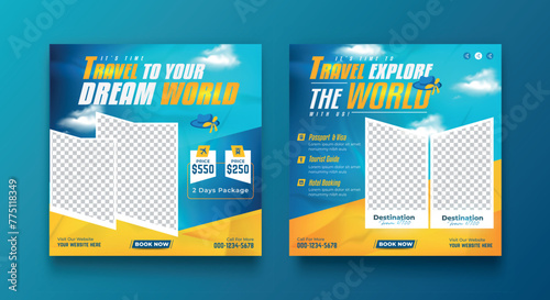Set of travel sale social media post template. Summer beach holiday, traveling agency business offer promotion.tourism advertisement banner design.