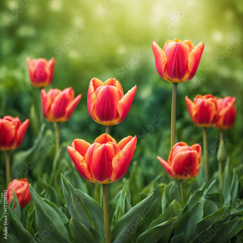 Natural Spring Tulip Flower With Dreamy Green Foliage Background (ID: 775118362)