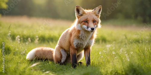 A Fox on a green meadow in the late summer sun.