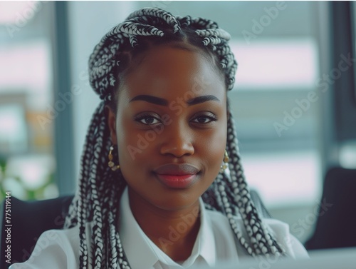 A young African woman with braids in an office