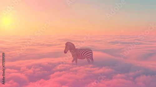   A zebra stands amidst a cloud-filled, pink and blue sky; the sun distantly glows in the distance photo