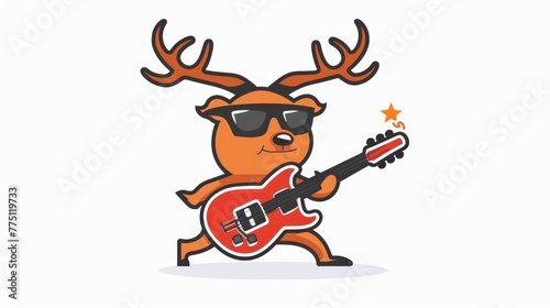   A cartoon deer plays a guitar, wearing sunglasses atop its head and bearing a star above it Holding a red guitar in its left hand photo