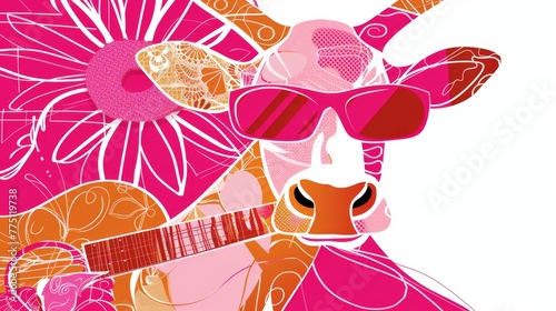   Cow in sunglasses  holding a guitar against a flowery backdrop of pink  orange  and yellow