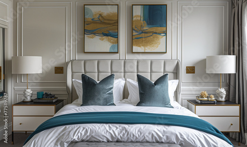 Bedroom interior design in neoclassic style (plus art deco). Room with white headboard and blue pillows photo