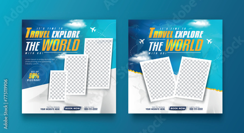 Set of travel sale social media post template. Summer beach holiday, traveling agency business offer promotion.tourism advertisement banner design.