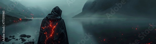 A photo of the red glow lava man, with a black cloak made from black stone with cracks and glowing embers on it standing in front of a lake In foggy mountains at night The person is looking out over