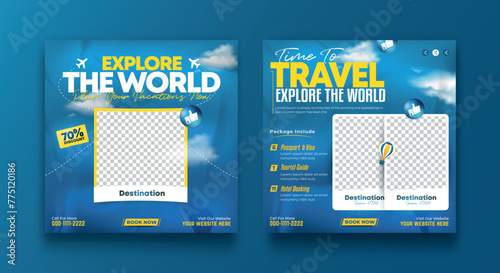 Set of travel sale social media post template. Summer beach holiday, traveling agency business offer promotion.tourism advertisement banner design. photo