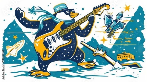   A penguin strumming a guitar in the snowy backdrop, surrounded by a rocket ship in the distance A nearer rocket ship in the foreground photo