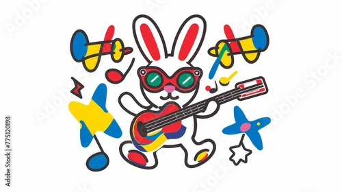  A bunny, drawing a guitar, sunglasses donned, red bow tie - plane backdrop