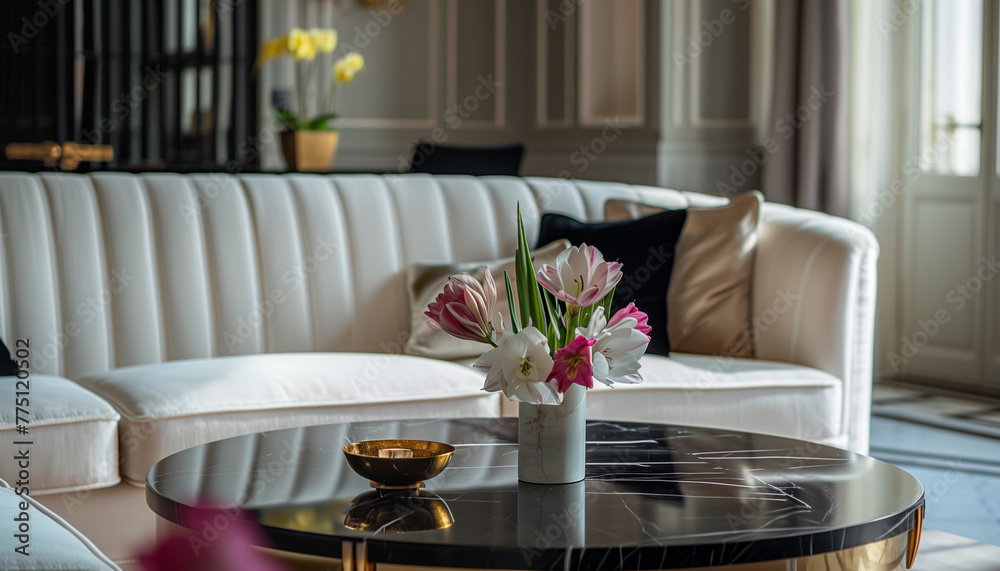 Fototapeta premium Living Room in Asian Ar Deco Style. Close up of Coffee Table with Flowers