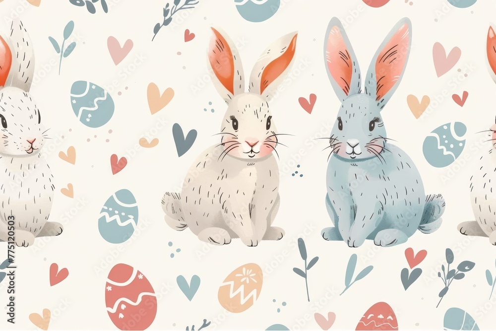 Easter eggs and bunnies Seamless pattern. Easter watercolor basket with eggs and bunny. Easter Seamless pattern with bunnies. Watercolor spring rabbit Easter eggs and bunnies Seamless pattern. Easter watercolor basket with eggs and bunny. Easter Seamless pattern with bunnies. Watercolor spring rabbit