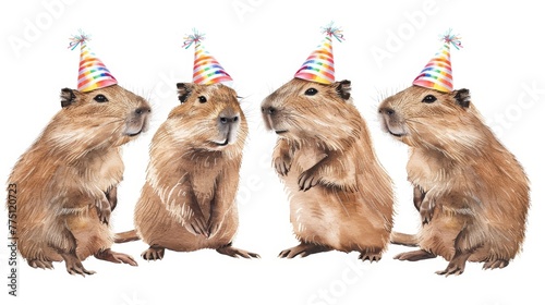  Three capybaras wear party hats, seated in a row against a white backdrop
