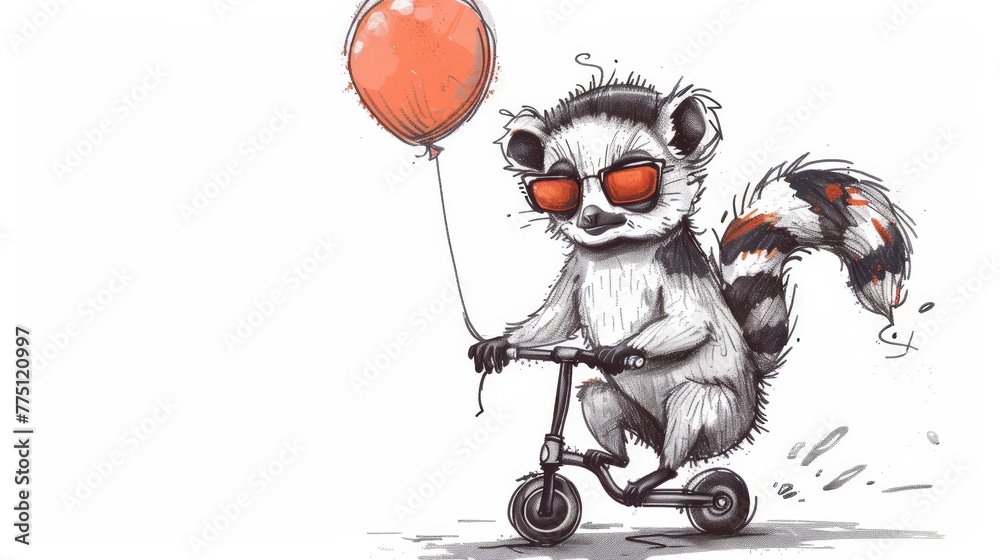 A raccoon on a scooter holds a balloon, attached to its handlebars A raccoon on a scooter holds a balloon, attached to its handlebars