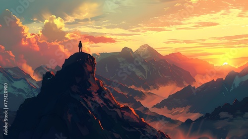 Serene Mountain Sunset with Lone Figure Overlooking Vast Landscape. Captivating Nature Scenery for Wallpaper. Adventure, Tranquility, and Inspiration Theme. AI