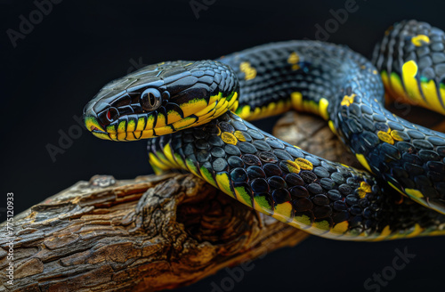 A highly detailed and realistic photo of a majestic snake with black, yellow and green scales on its body slithering along the branch in front of a pure solid background.