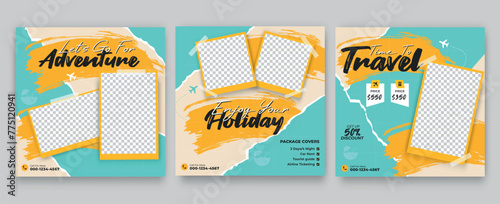 Set of travel sale social media post template. Summer beach holiday, traveling agency business offer promotion.tourism advertisement banner design.
