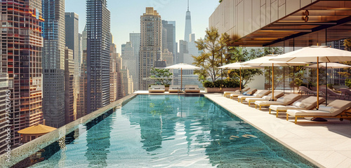 A chic rooftop pool surrounded by skyscrapers, with lounge chairs and umbrellas creating a stylish urban oasis