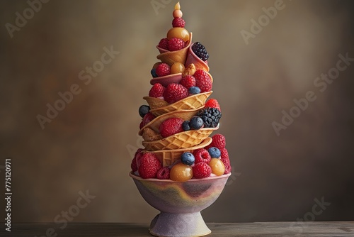 A creative food display featuring a tower of waffle cones filled with an assortment of berries, elegantly placed in a swirled ceramic bowl.