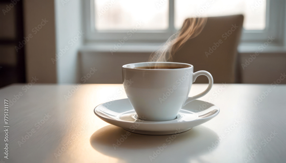 Morning Coffee: A white cup filled with steaming coffee rests on a clean white table, casting a subtle shadow. creating a serene morning scene. Morning Coffee: A white cup filled with steaming coffee rests on a clean white table, casting a subtle shadow. creating a serene morning scene.