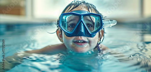 A child wearing a snorkel mask, exploring the depths of the pool with a curious smile, their eyes widening in wonder as they notice the camera nearby photo