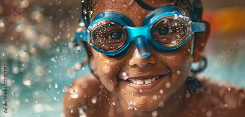A child wearing goggles, emerging from the water with a beaming smile, droplets glistening on their face as they glance towards the camera © Stone Shoaib