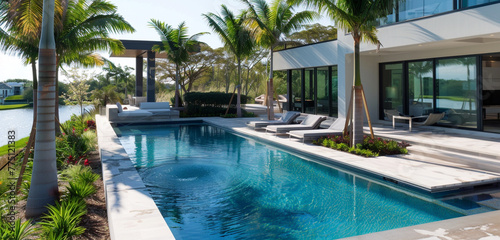 A contemporary pool featuring a sunken lounge area surrounded by palm trees and modern architecture © Stone Shoaib