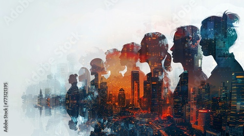 Double exposure image of a group of businesspeople merged with a cityscape, creating a dynamic visual that symbolizes the connection between professionals and the urban environment.