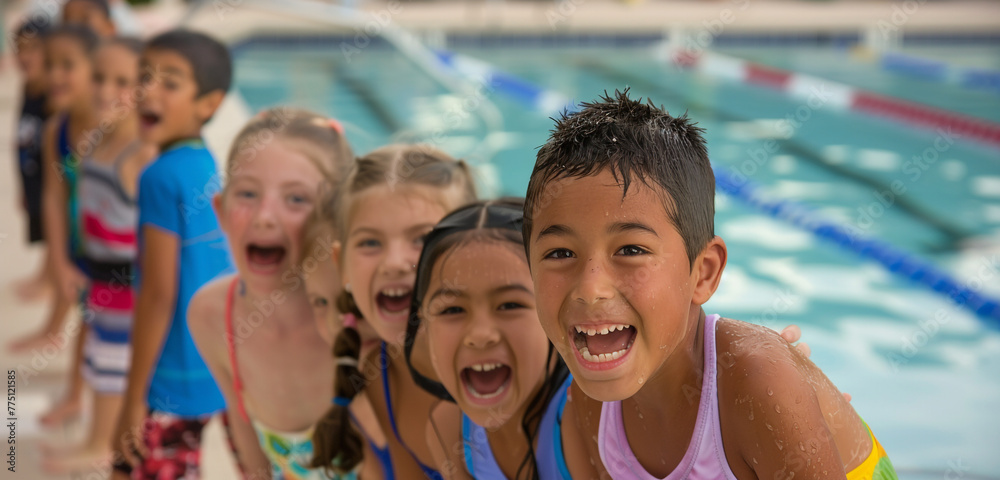 A group of children lined up at the poolside, each displaying a different expression of joy, their laughter echoing in the background
