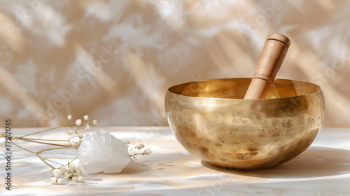 Beautiful golden Tibetan bowl with minerals on natural background with copy space 