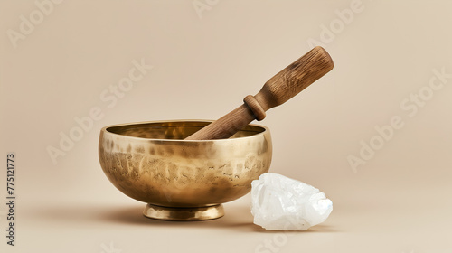 Golden Tibetan bowl with minerals on a copy spaced brown background 