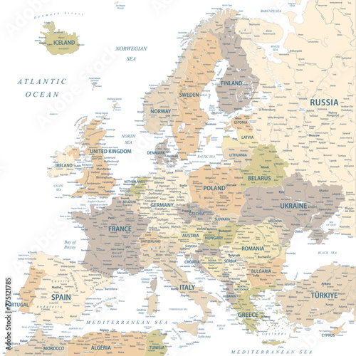Europe - Highly Detailed Vector Map of the Europe. Ideally for the Print Posters. Pastel Warm Colors. Retro Style