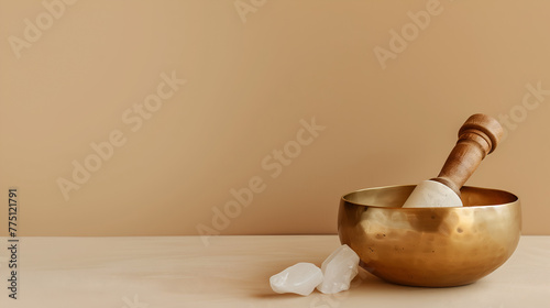 Golden Tibetan bowl with minerals on a brown background 