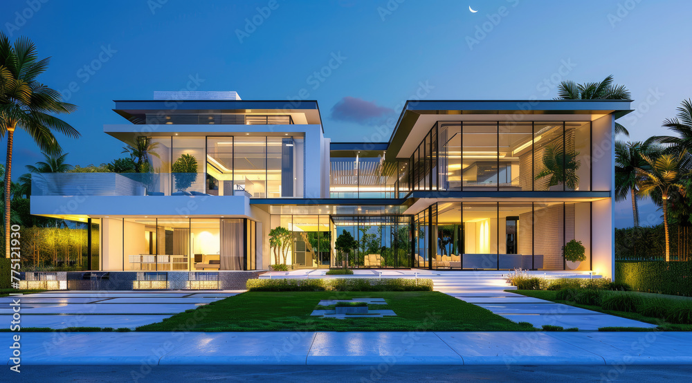 A hyper realistic rendering of an elegant two story modern house with large windows and lots of glass - obrazy, fototapety, plakaty 