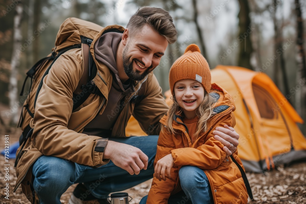 Smiling father, crouched next to daughter in orange jacket, shares a joyful moment beside tent in woods. Happy man kneels with laughing child, clothed in warm gear, during forest camping adventure.