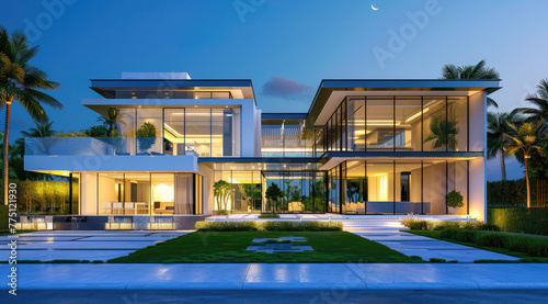 A hyper realistic rendering of an elegant two story modern house with large windows and lots of glass
