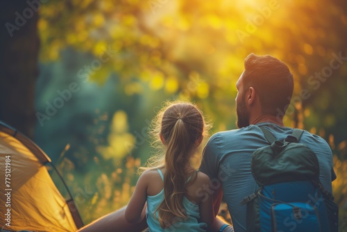 Man and girl seated by tent, bask in sunset's glow, forest around them alight in golden hour’s embrace. Parent and young one enjoy tranquil moment, back to orange tent, day wanes amidst verdant trees. photo