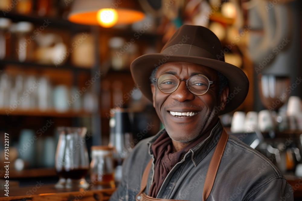 Affable café proprietor in stylish hat greets guests, genuine smile suggesting inviting conversation over freshly brewed coffee. Cheerful café owner, adorned with classic brimmed hat, leather apron