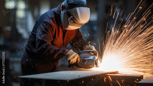 metal worker cutting iron with angle grinder and sparks © mimadeo