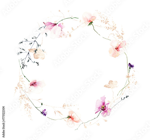 Watercolor floral garland frame on white background. Pink, orange, blue, golden wild flowers, branches, leaves and twigs