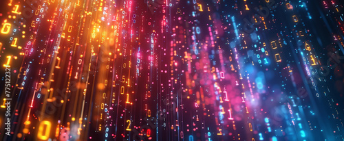 Big Data technology visualization. Neon Glowing Flow of data. Cyberspace background in a cyberpunk style.
