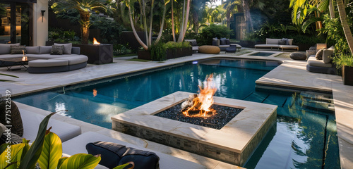 A lavish getaway by the pool with a subterranean fire pit, cozy seating, and lots of vegetation