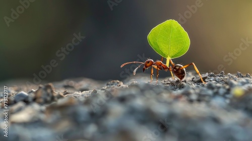ant carrying a leaf to its nest in nature © Marco