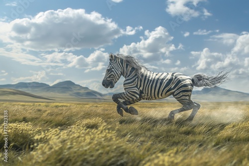 A zebra running across a golden savannah with dynamic motion  mountains and a cloudy sky in the background.
