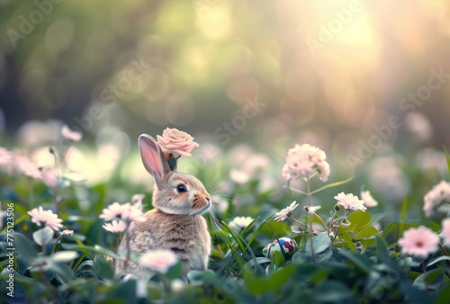 Easter card background in spring - Easter bunny and egg scene © SHI