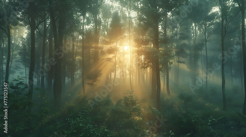 A foggy morning in a serene forest  with sunlight filtering through the mist