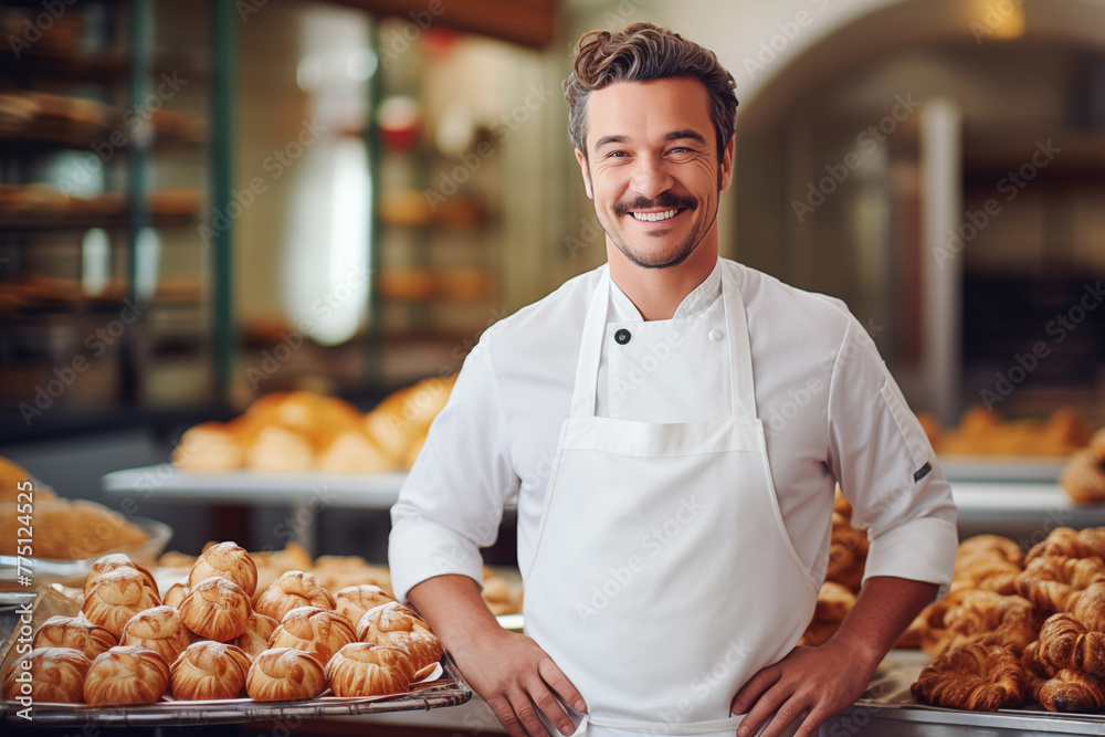 Male baker stands in front of his bakery. Work as a cook, baker, pastry chef. Small business.