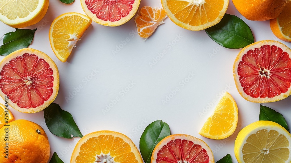 A frame of sliced ripe oranges, lemons, grapefruit and other citrus fruits, top view. A frame of sliced ripe oranges, lemons, grapefruit and other citrus fruits, top view.